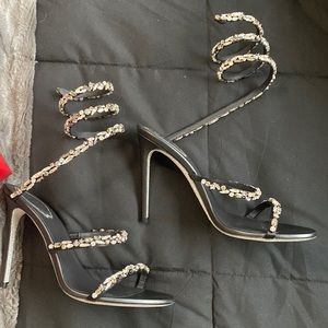 Rene Caovilla Cleo black satin crystal silver night heels